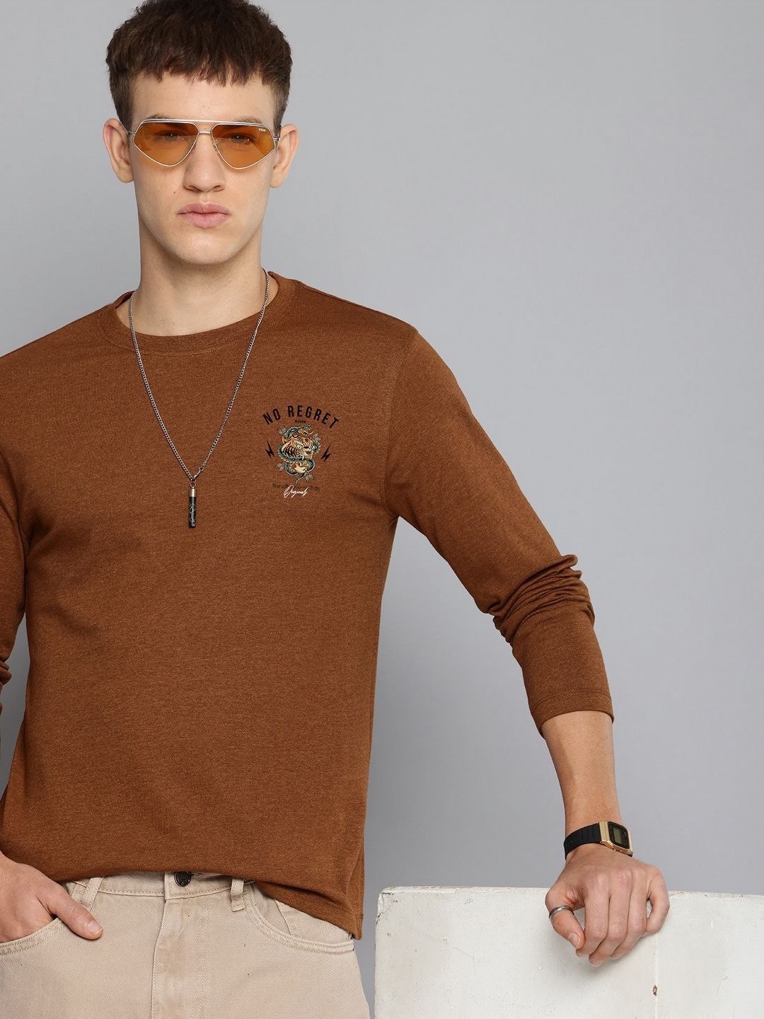 

R.Code by The Roadster Life Co. Men Typography Printed Applique T-shirt, Mustard