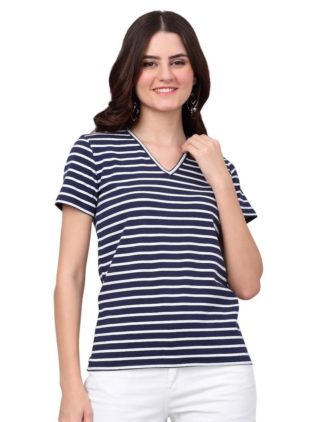 

SZN Women Striped V-Neck T-shirt, Blue