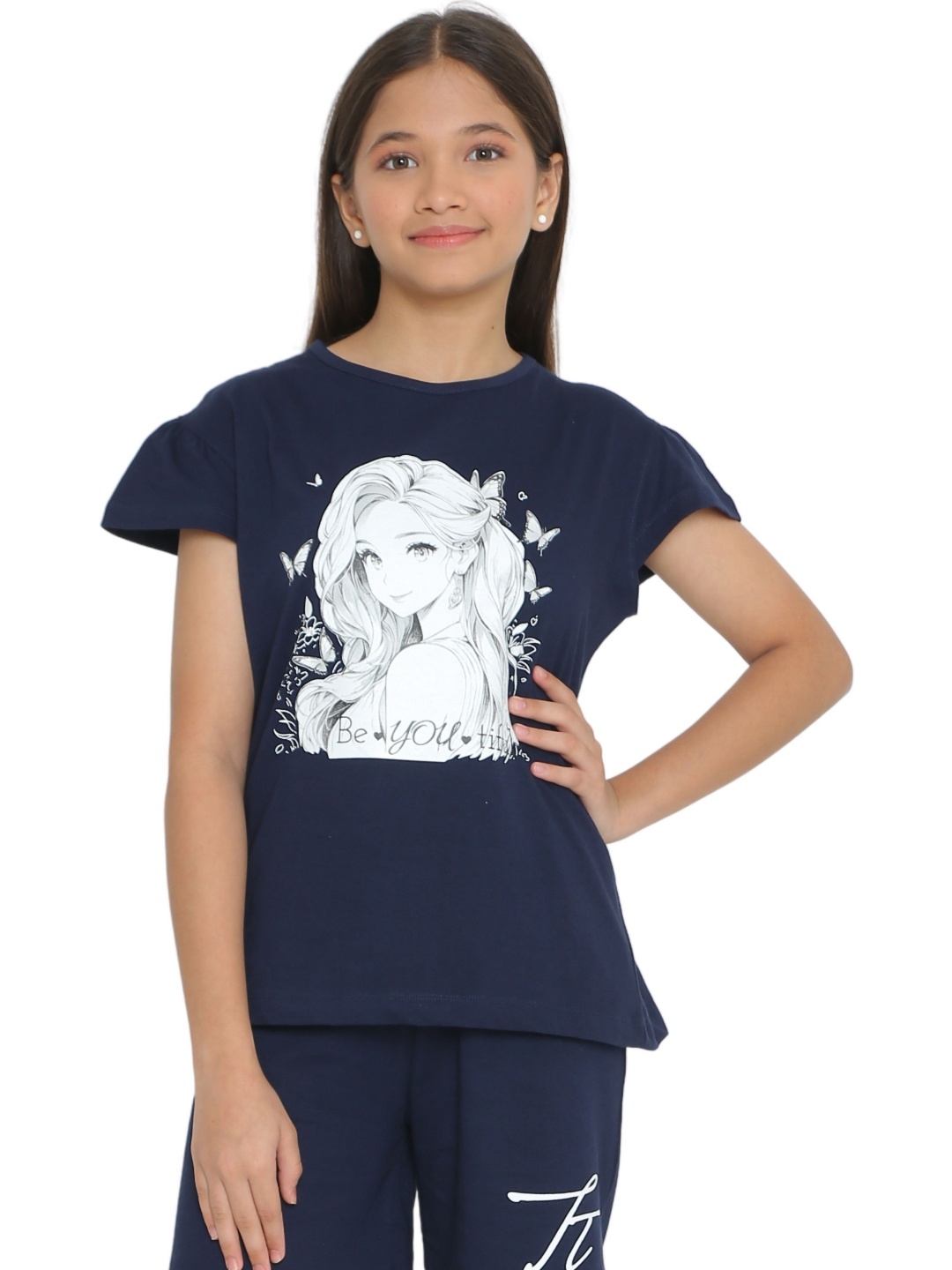 

TotzTouch Girls Printed T-shirt, Navy blue