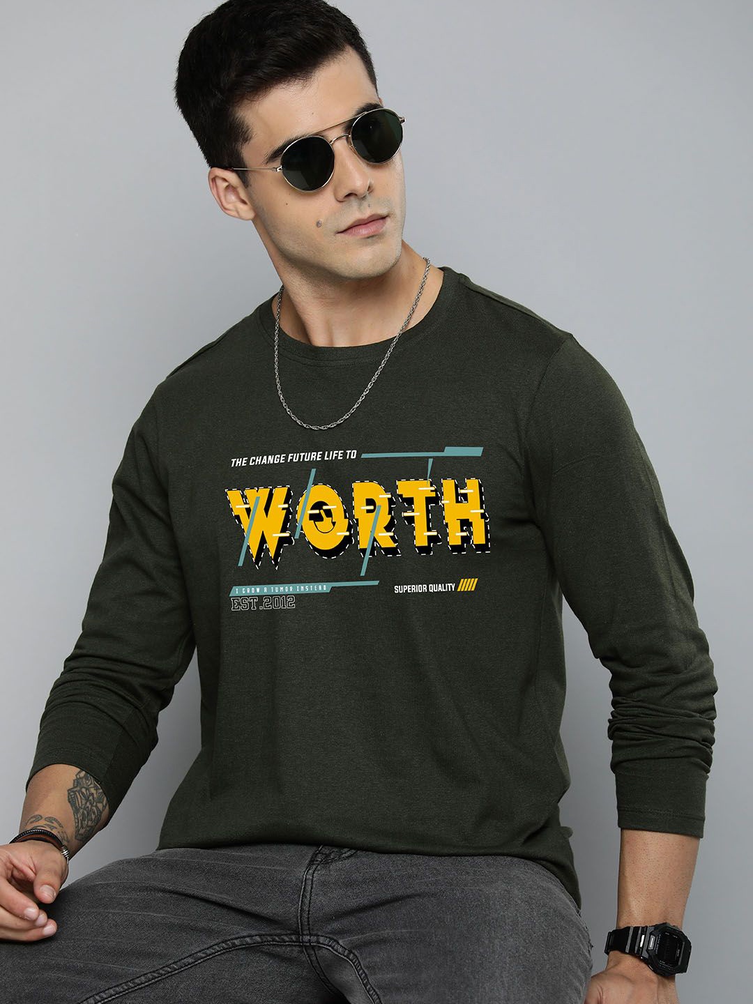 

R.Code by The Roadster Life Co. Men Printed Applique T-shirt, Olive
