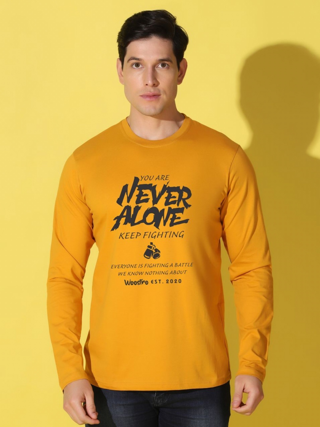 

WOOSTRO Men Typography Printed Slim Fit T-shirt, Mustard