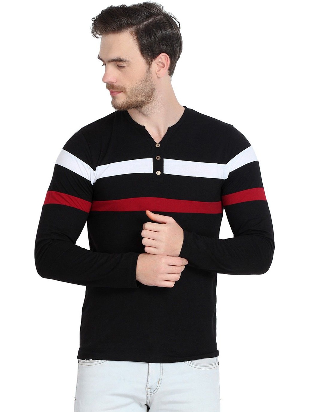 

Unicus Apparel Men Striped Henley Neck Applique T-shirt, Black