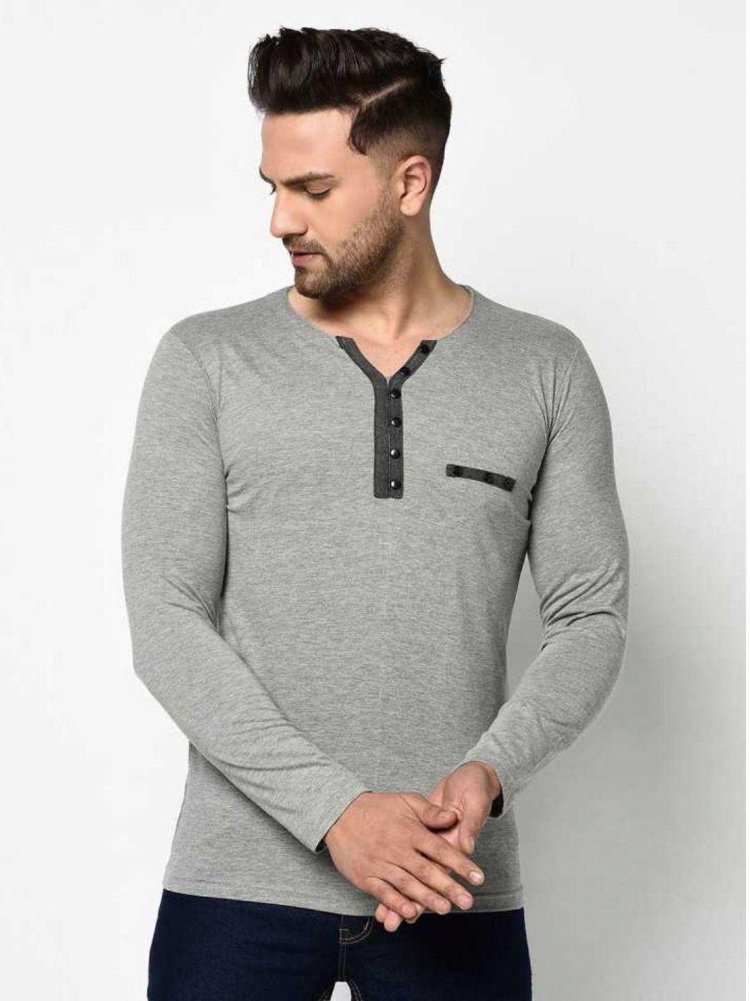

Unicus Apparel Men Henley Neck Pockets T-shirt, Grey