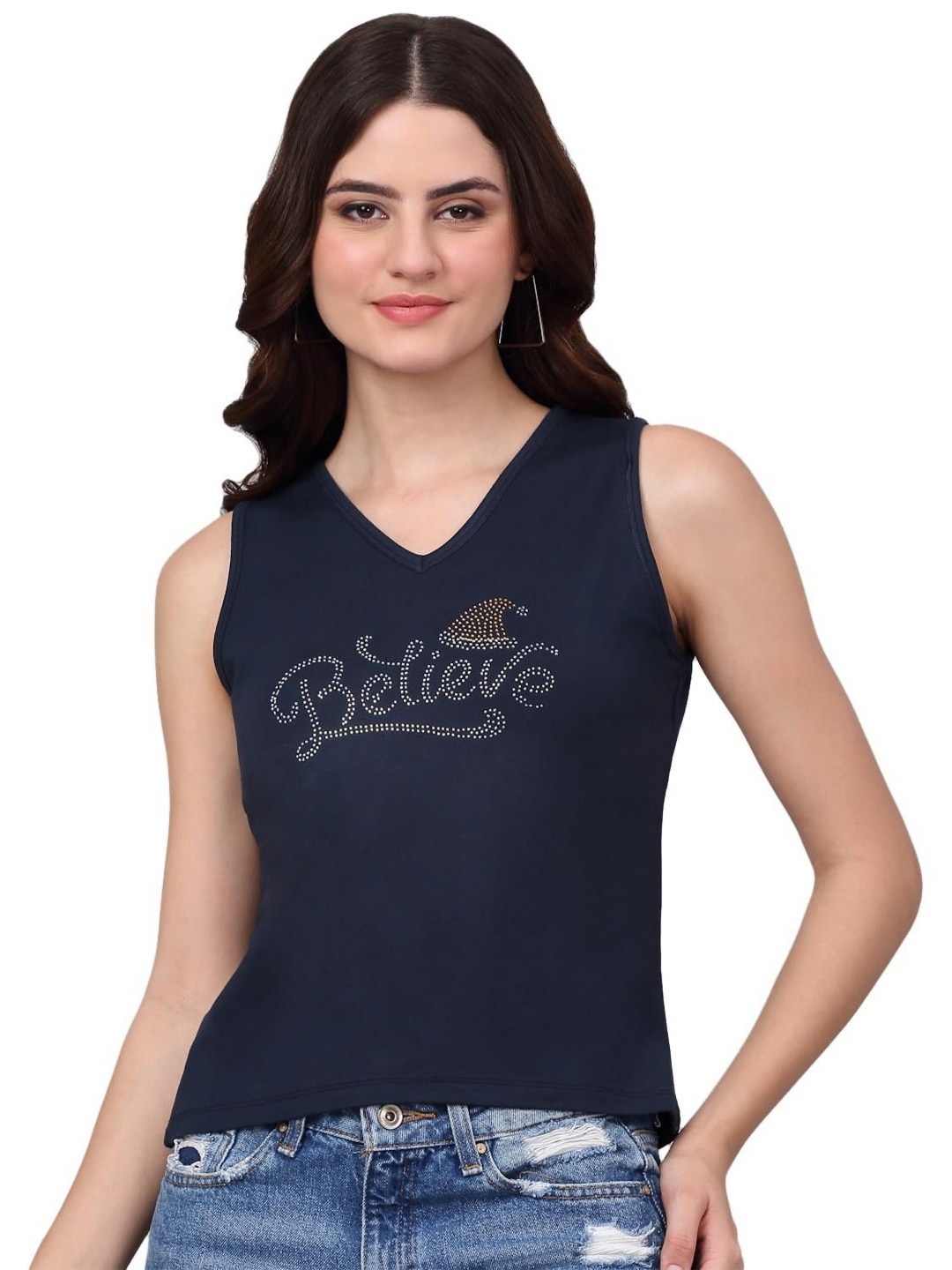 

SZN Women Typography Printed V-Neck Pockets T-shirt, Navy blue