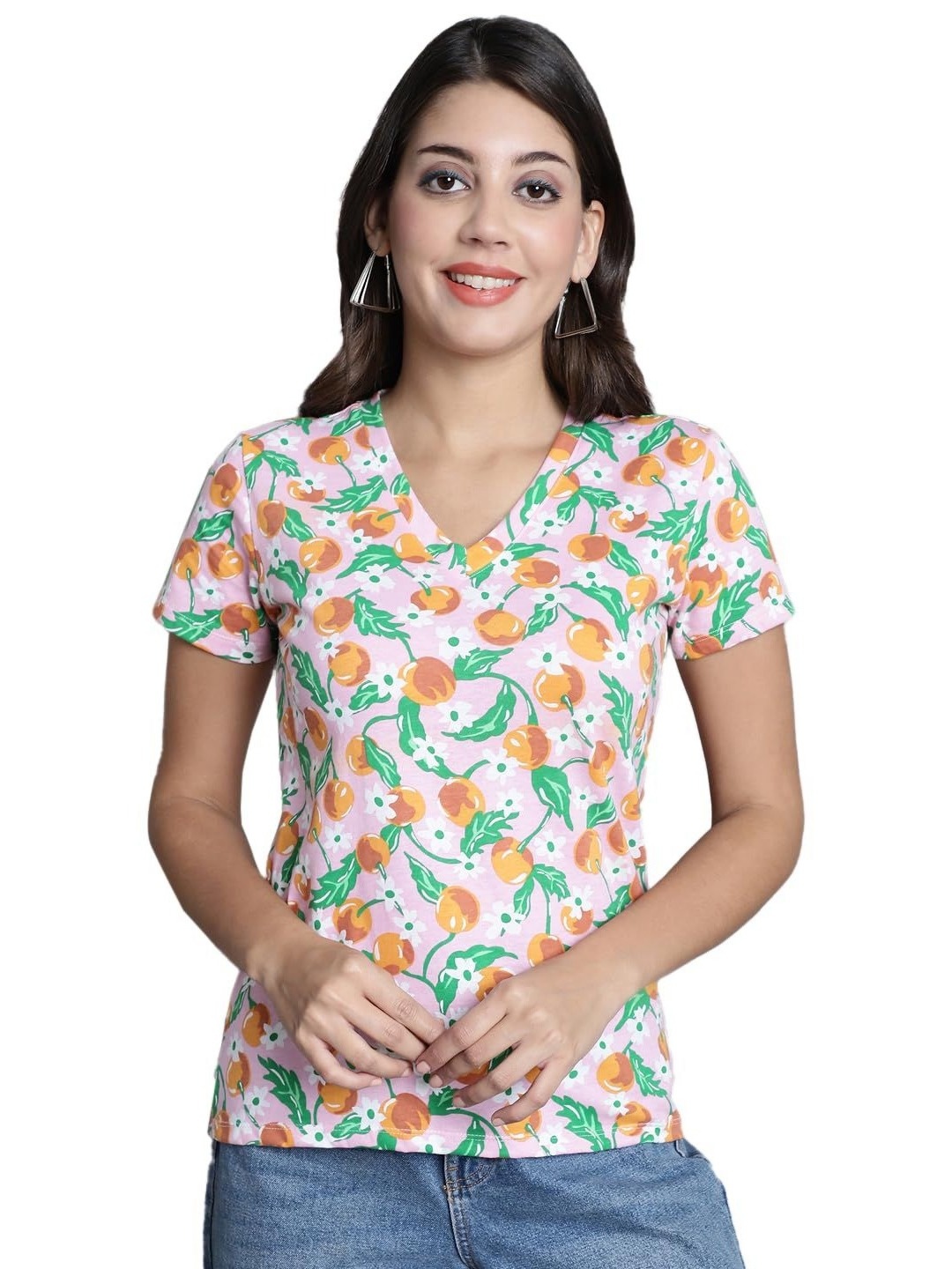 

SZN Women Floral Printed V-Neck Tropical Pockets T-shirt, Pink