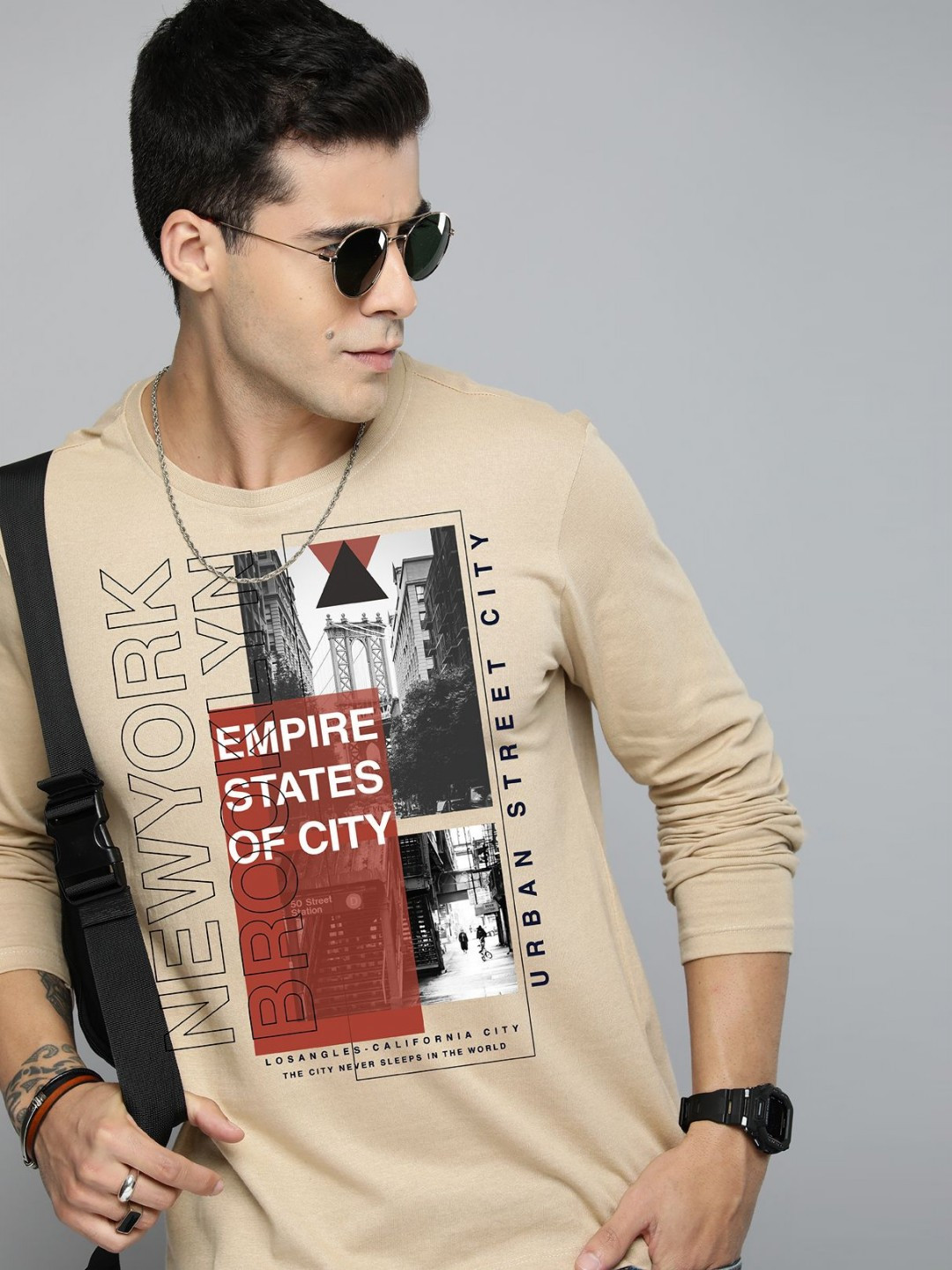 

R.Code by The Roadster Life Co. Men Printed Applique T-shirt, Beige