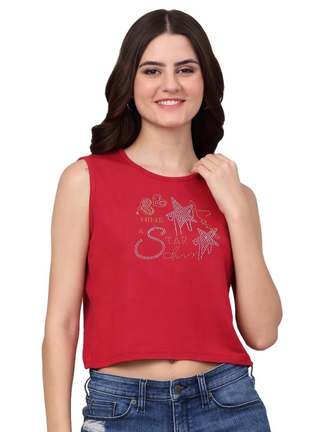 

SZN Women Typography Printed Applique T-shirt, Red