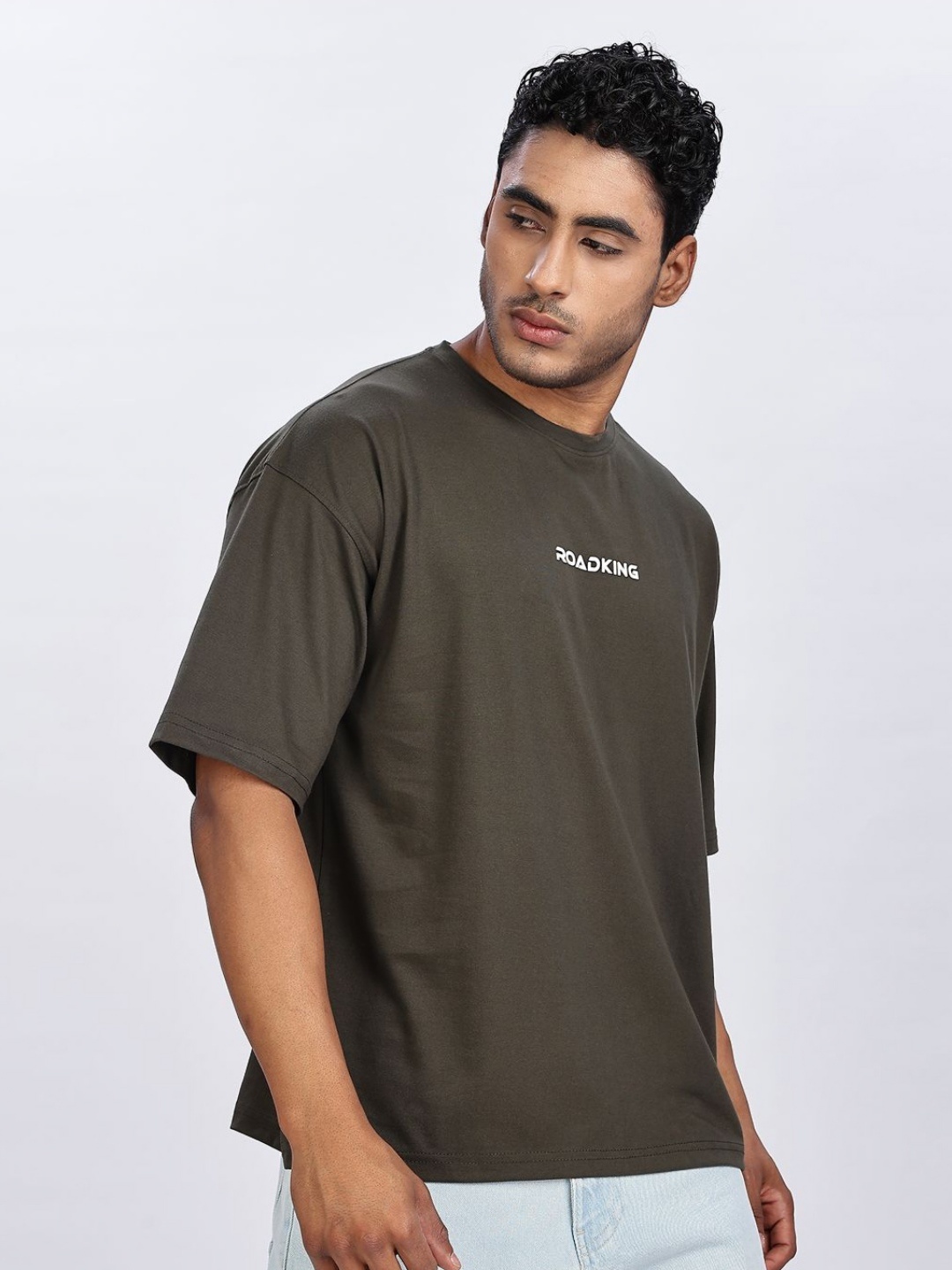 

Roadking Men Brand Logo Drop-Shoulder Sleeves Bio Finish Pockets T-shirt, Olive