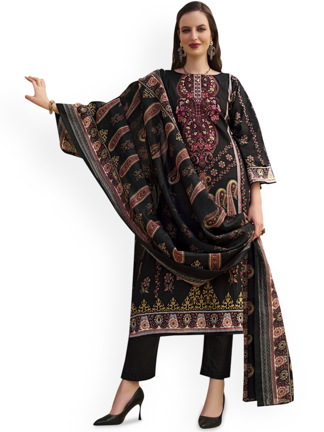 

DRAVINAM Trends Embroidered Pure Cotton Unstitched Dress Material, Black