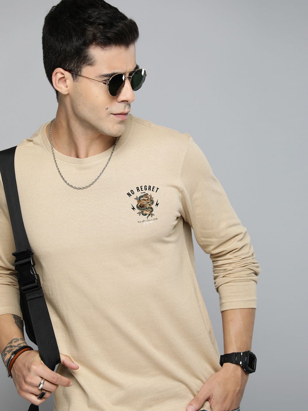 

R.Code by The Roadster Life Co. Men Printed Applique T-shirt, Beige