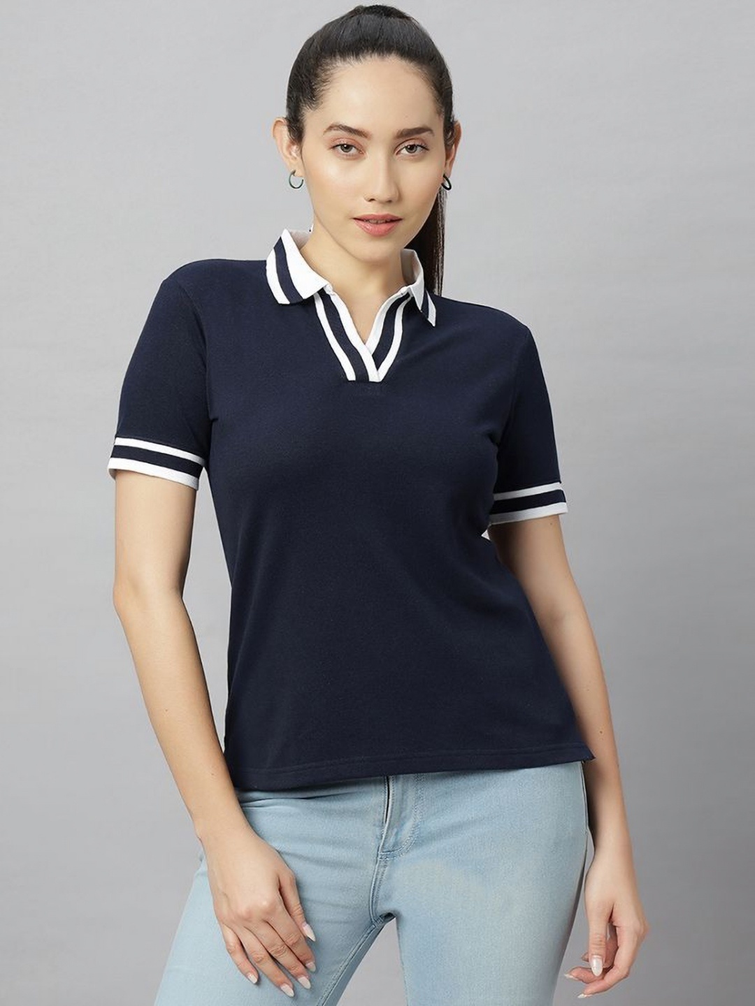 

Wear Your Opinion Women Polo V Neck Striped Collar Tshirt, Blue