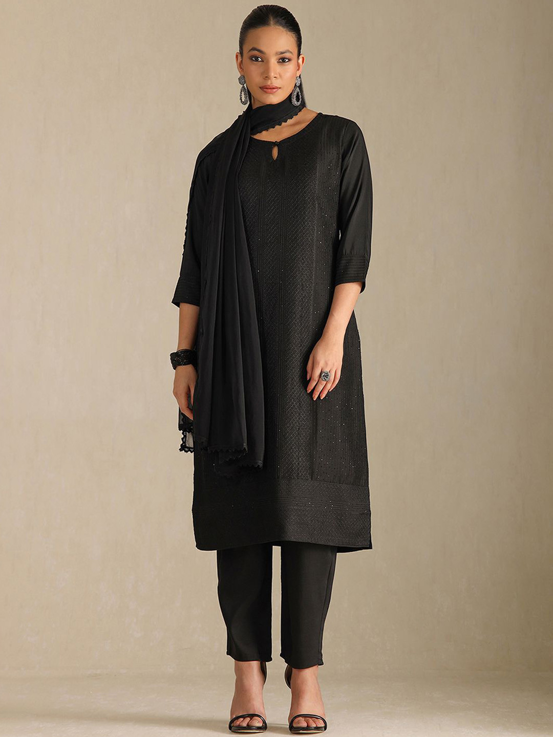 Soch Geometric Embroidered Sequinned Straight Kurta With Trousers & Dupatta
