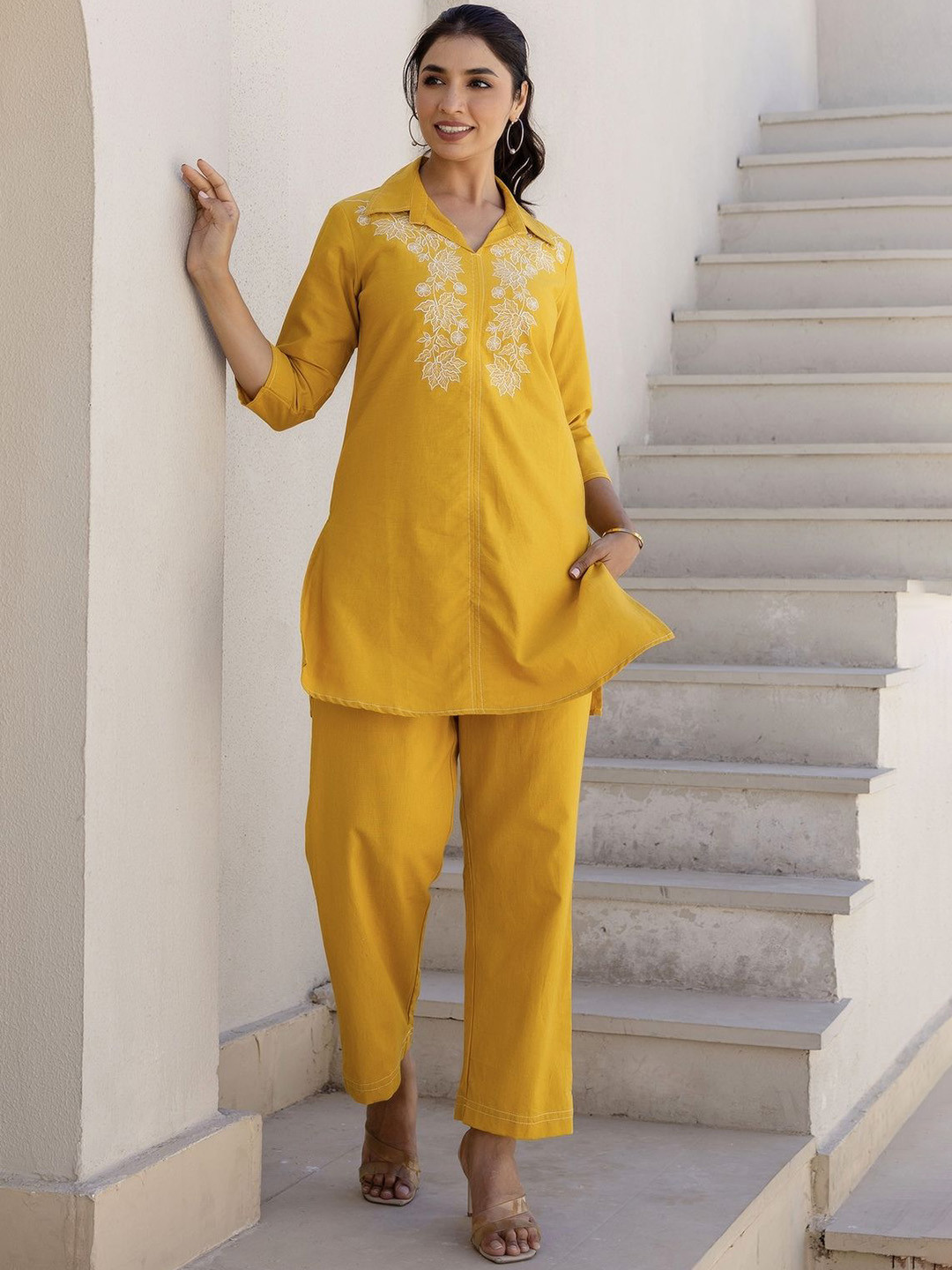 

Kohsh Women Embroidered Pure Cotton Shirt Collar Neck Shirt With Trousers Co-Ords, Yellow
