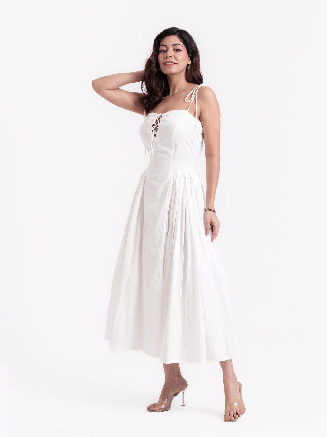 Garvili Solid Snowy Grace White Strap Fit & Flare Maxi Dress