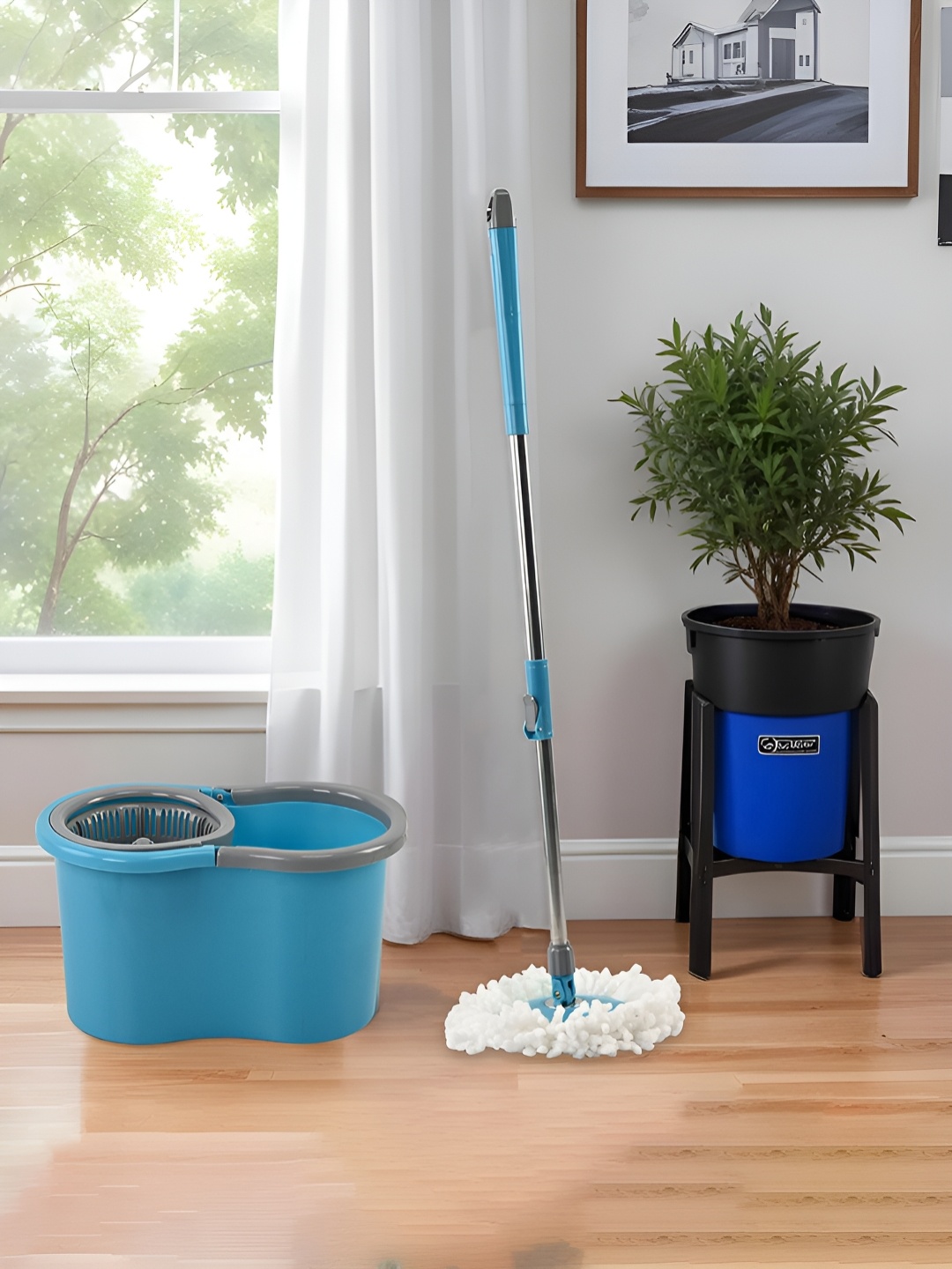 Myntra Elegant Homes Blue Stainless Steel Wringer Mopping Bucket With 2 Refills
