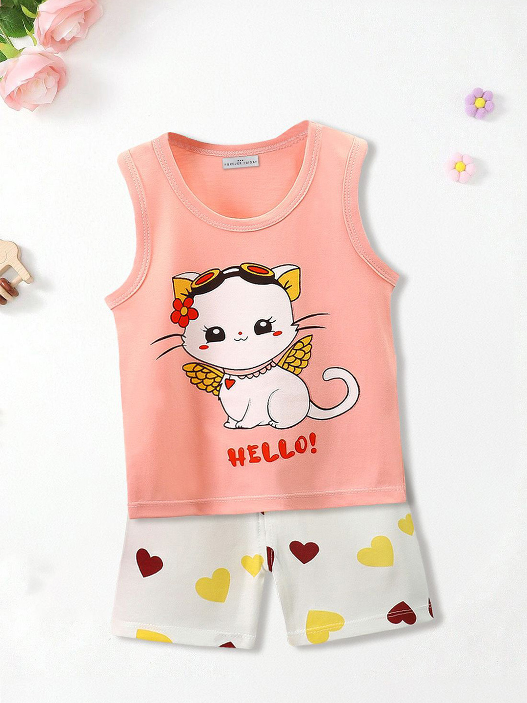 

FOREVER FRIDAY Girls Printed Sleeveless T-shirt with Shorts, Pink
