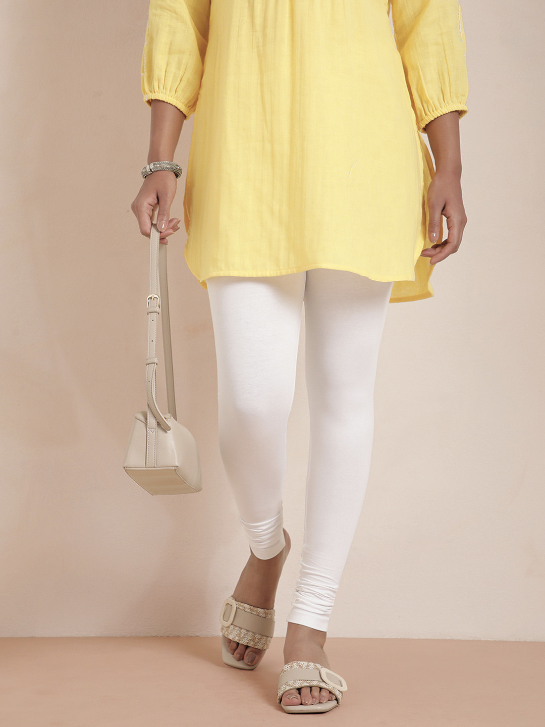 TWIN BIRDS Women White Solid Churidar-Length Leggings