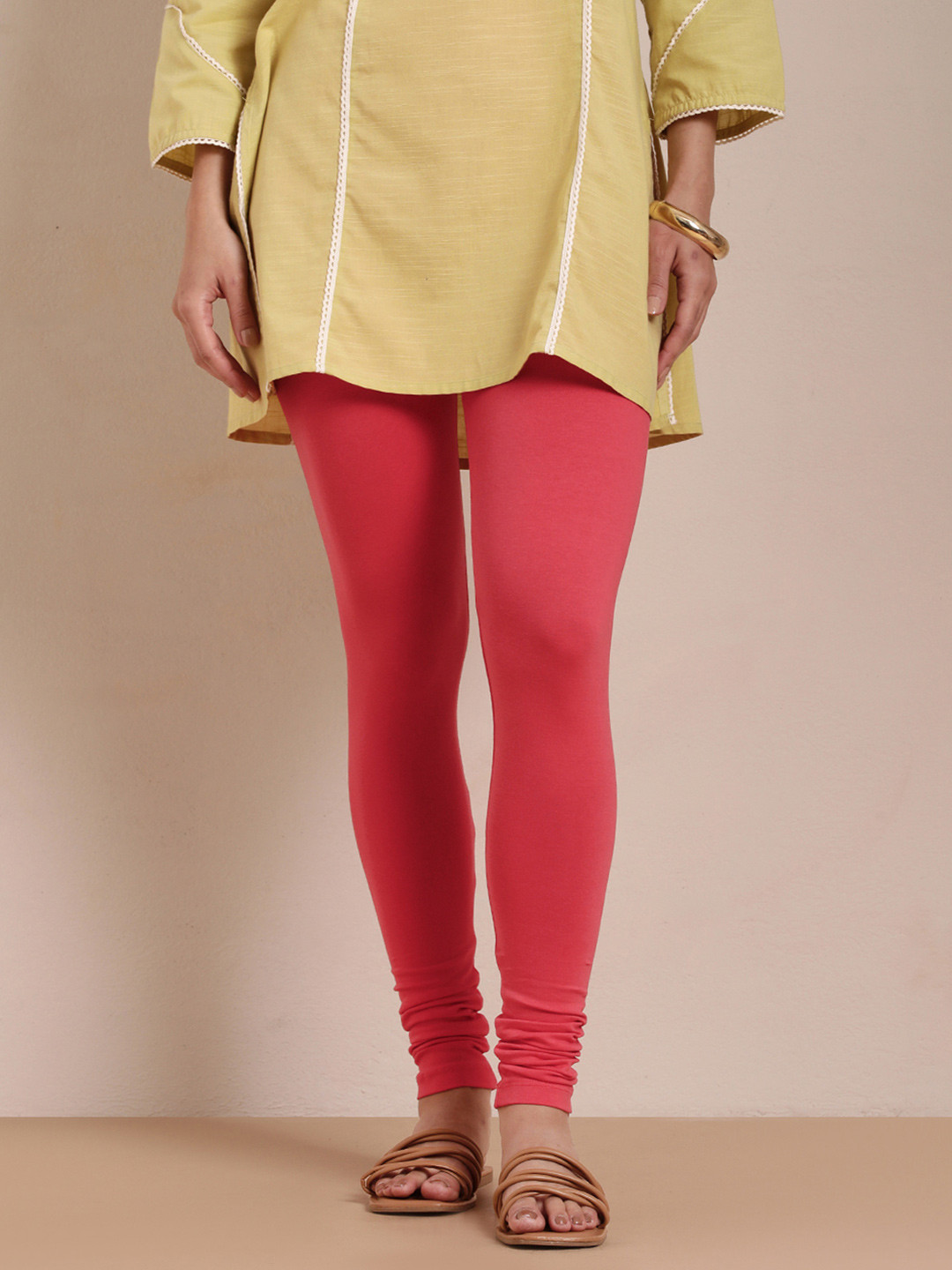 TWIN BIRDS Women Coral Pink Solid Churidar-Length Leggings