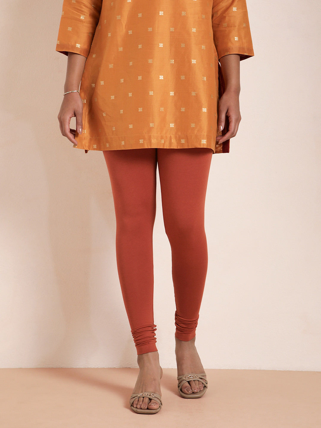 TWIN BIRDS Women Coral Orange Solid Churidar-Length Leggings