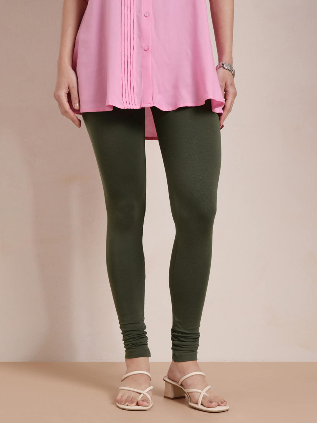 TWIN BIRDS Women Olive Green Solid Churidar-Length Leggings