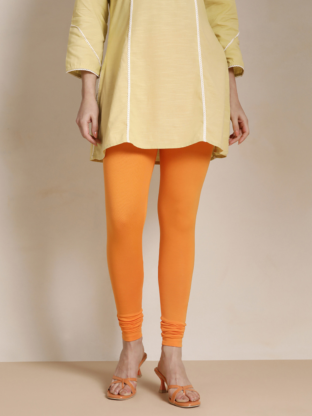TWIN BIRDS Women Orange Solid Churidar Length Leggings