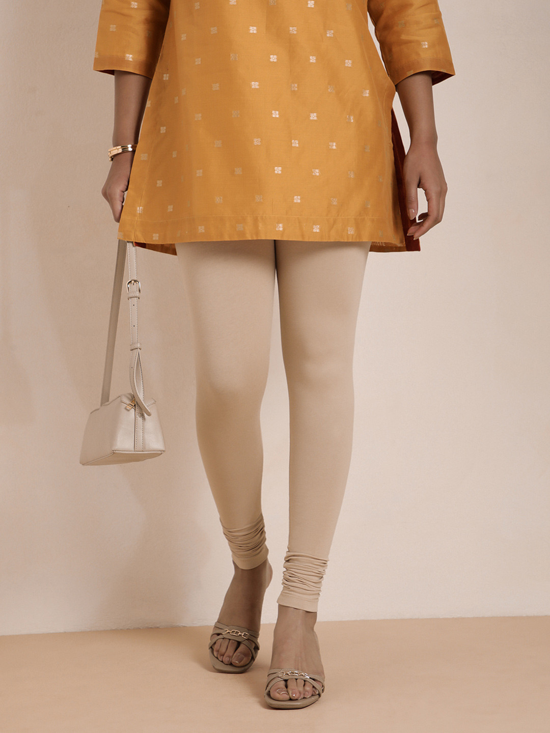 TWIN BIRDS Women Beige Solid Churidar-Length Leggings