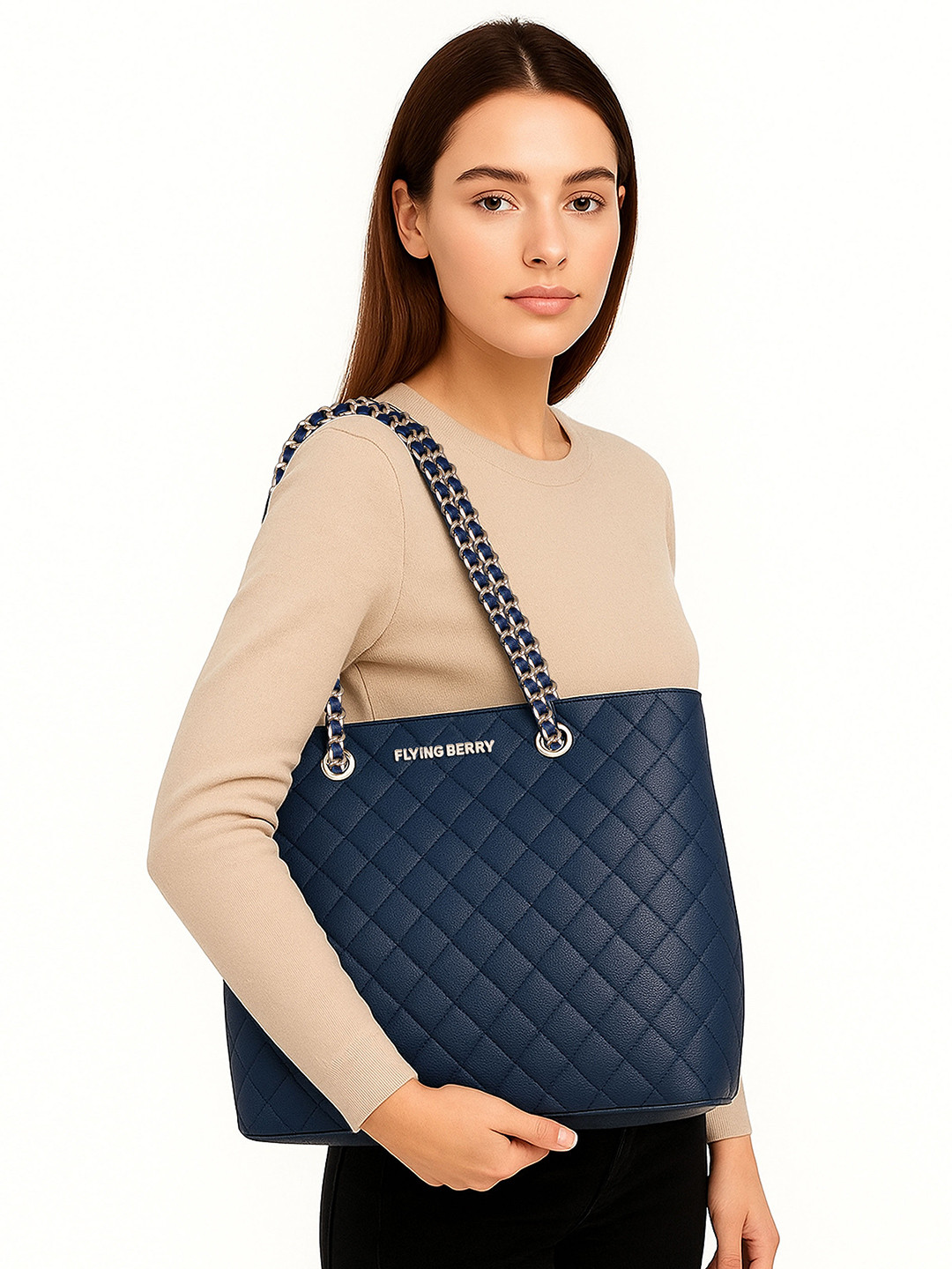 FLYING BERRY Blue Textured PU Shopper Shoulder Bag with Quilted
