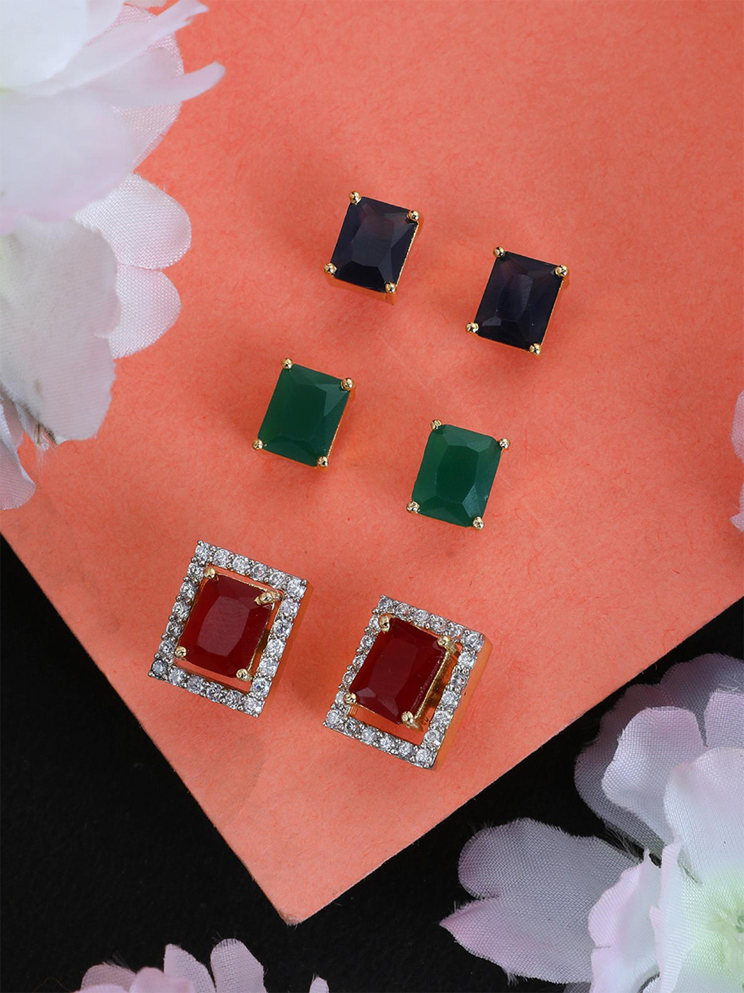 Bhana Fashion Red & Black Set Of 3 Contemporary Studs Earrings