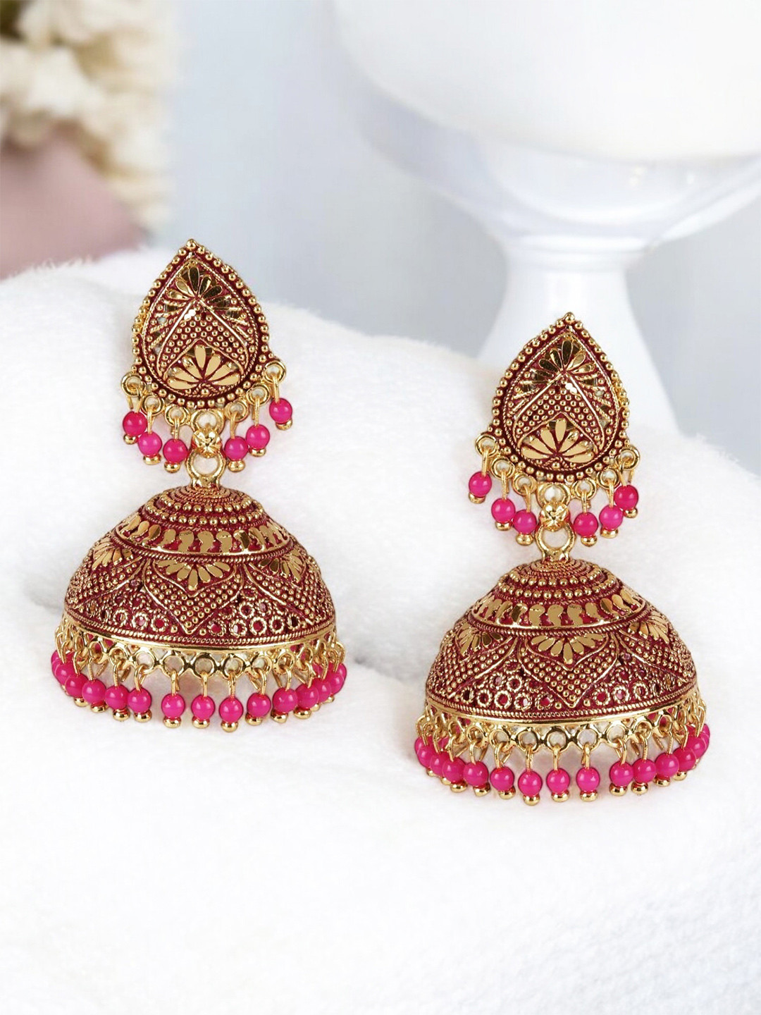 ANIKAS CREATION Pink Gold Plated Enamelled Dome Shaped Jhumkas Earrings