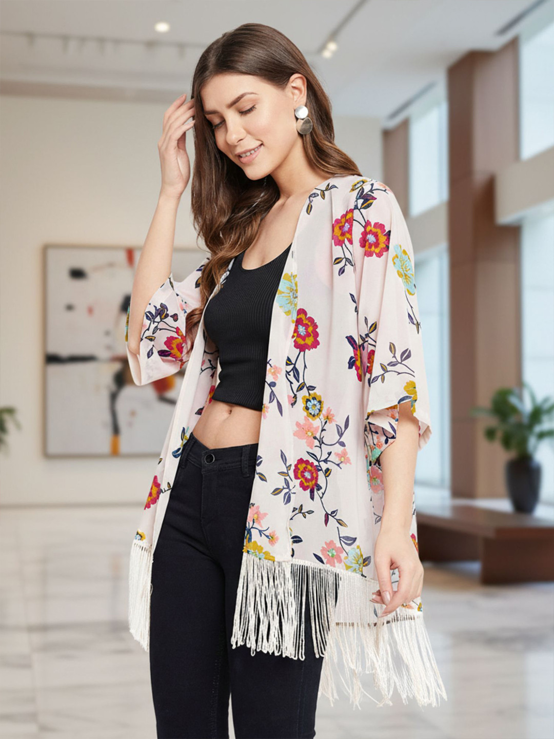 PURYS Women Pink & Multicoloured Printed Front Open Tasselled Longline Shrug