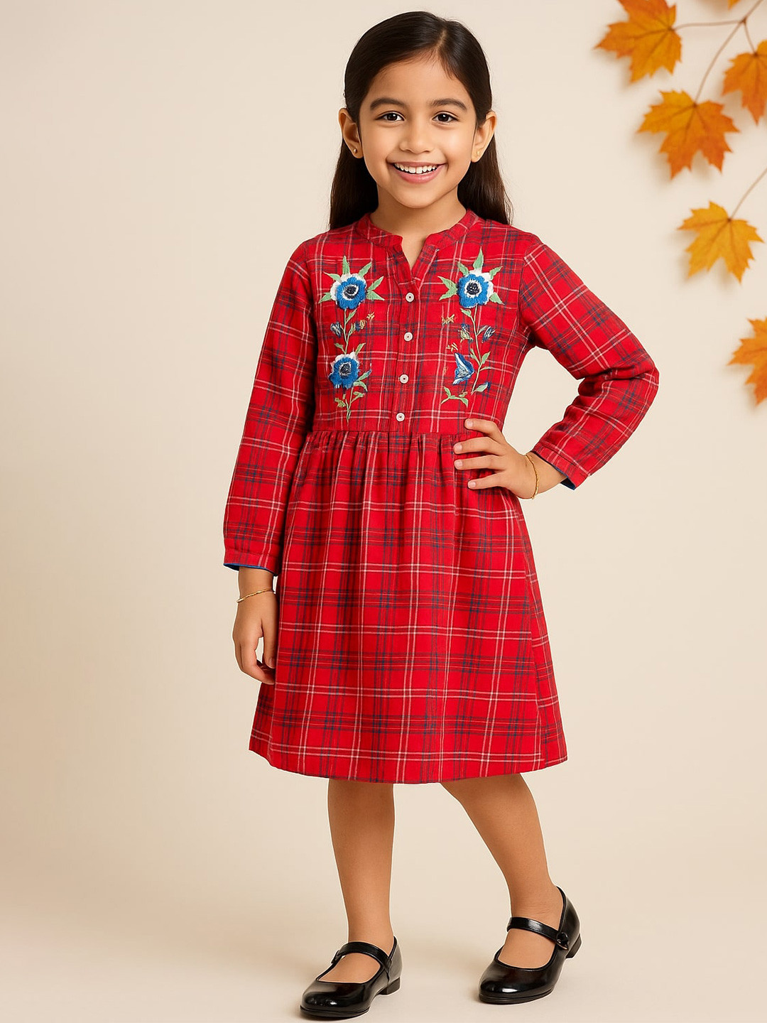 Miyo Red & White Checked A-Line Dress with Embroidered Detail