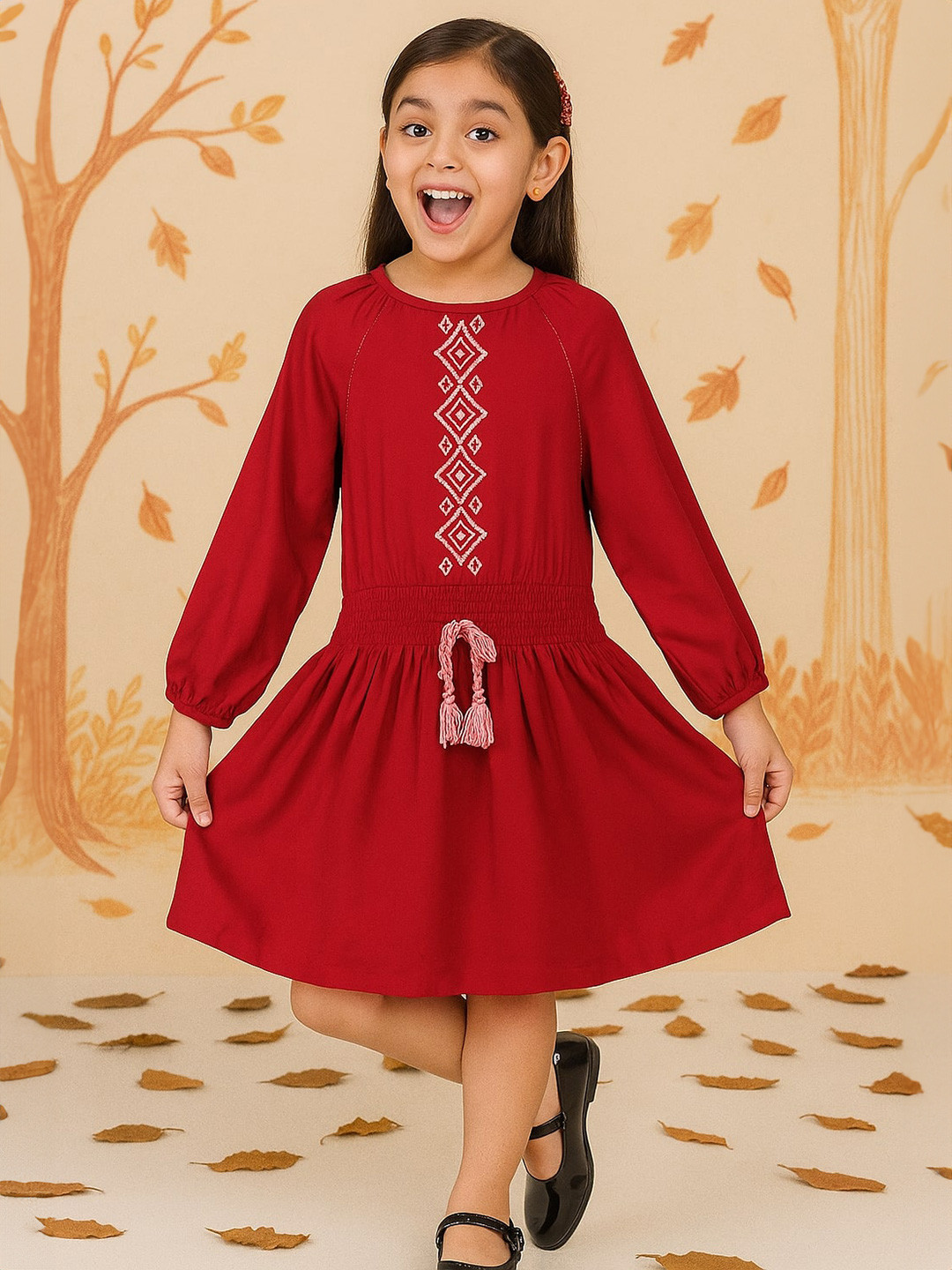 Miyo Maroon Ethnic Motifs Embroidered Cotton Dress