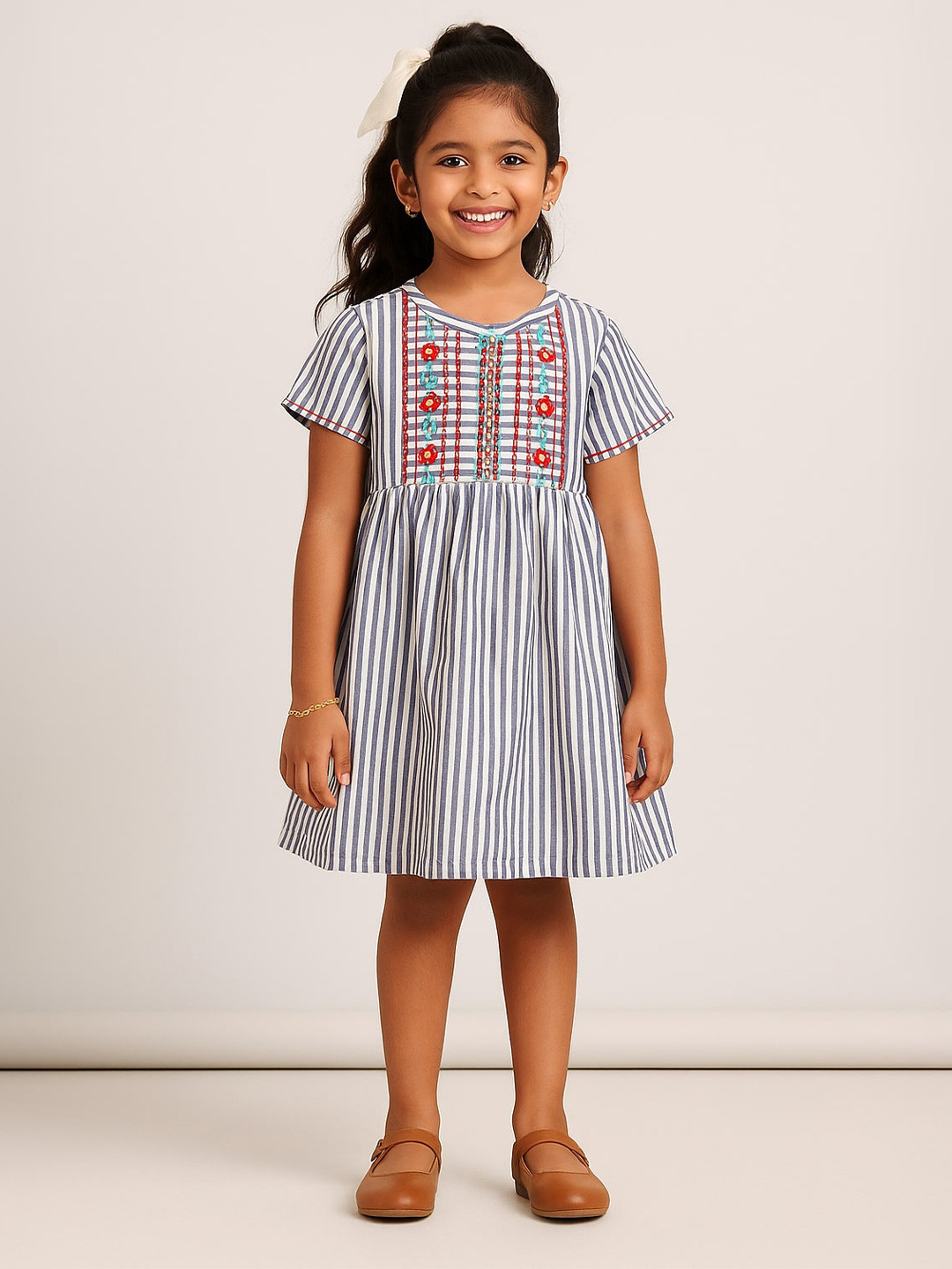 Miyo Girls Blue Striped Fit and Flare Dress