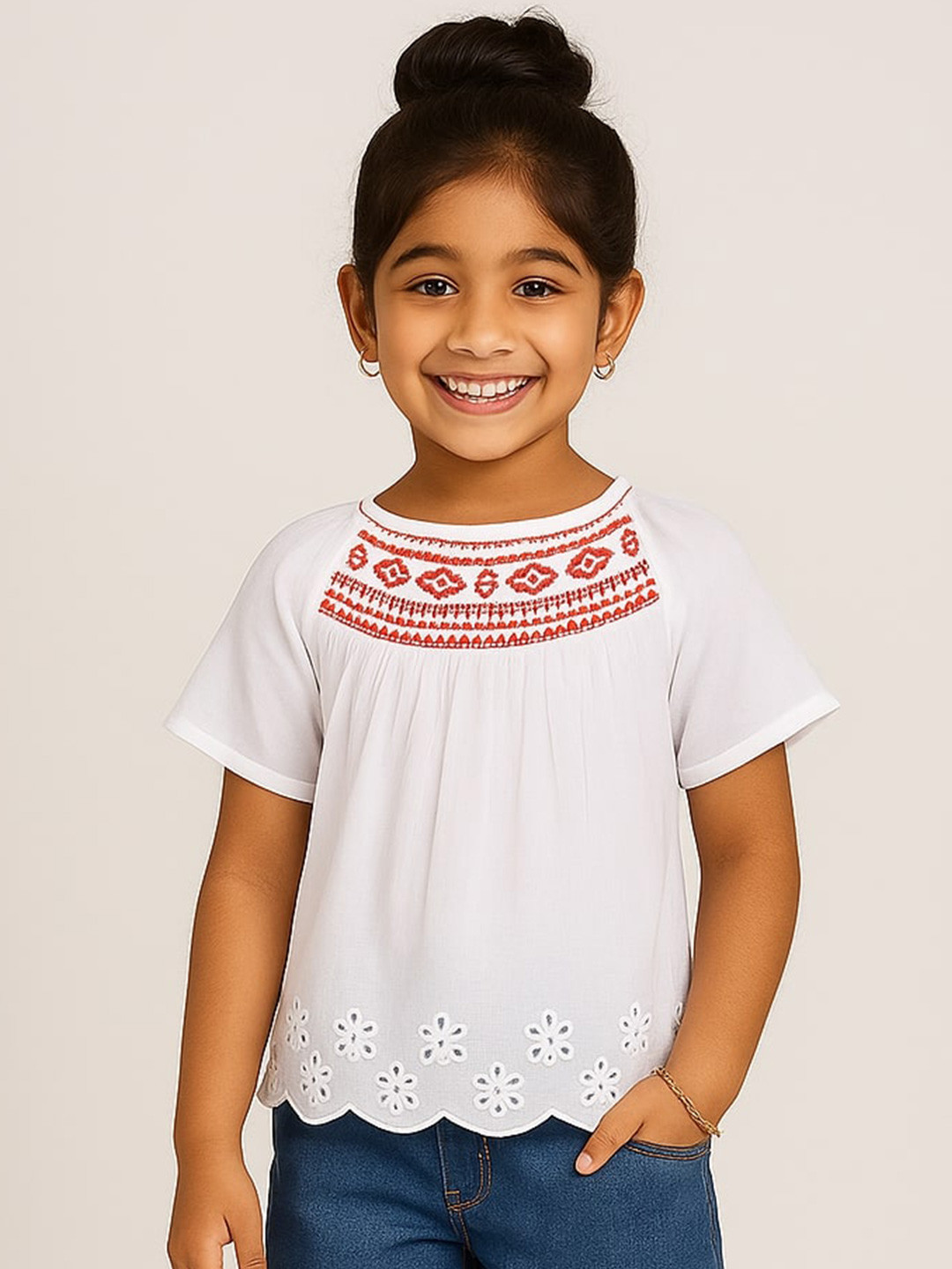 Miyo Girls White & Red Geometric Embroidered Schiffli Top