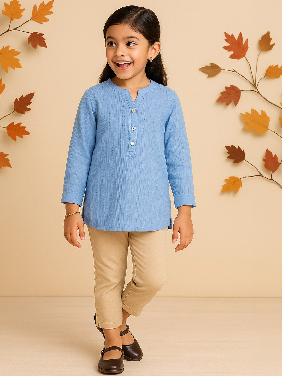 Miyo Girls Navy Blue Striped Mandarin Collar Shirt Style Top