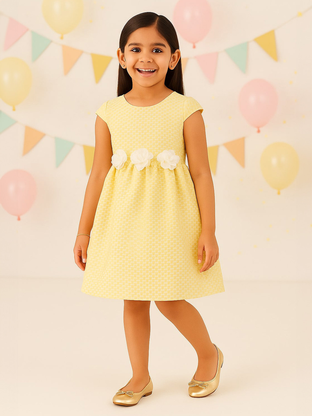 Miyo Girls White & Gold-Toned Self Design Dress