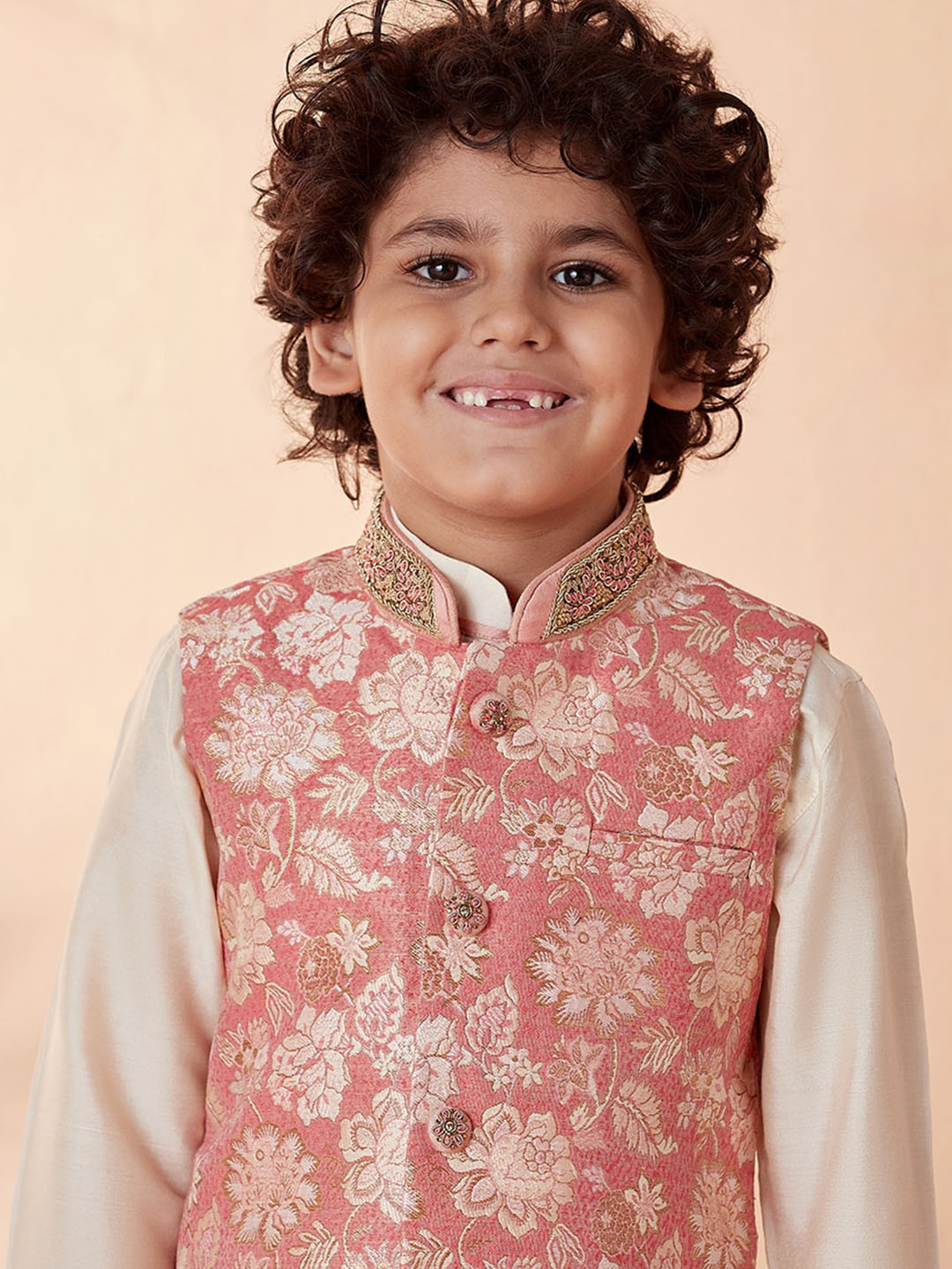 

Manyavar Boys Beige & Pink Kurta & Pyjamas with Nehru Jacket