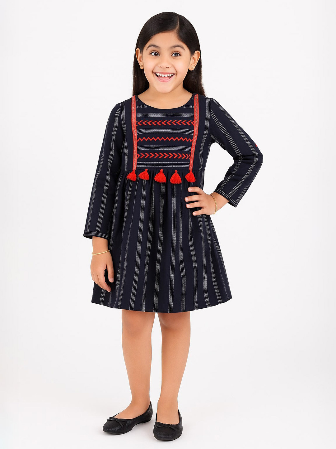 Miyo Black Striped A-Line Cotton Dress