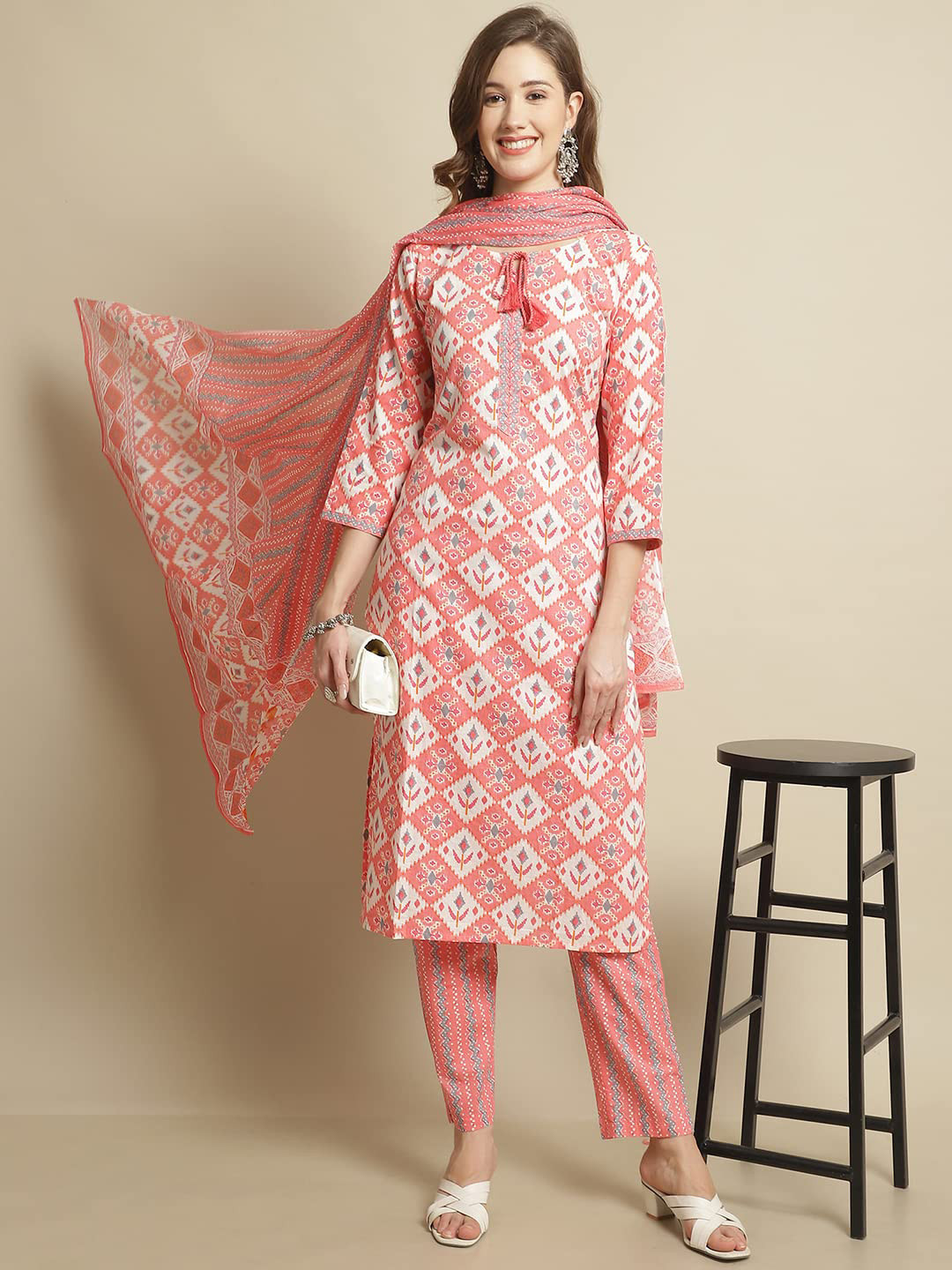 Pistaa Women Peach-Coloured Ethnic Motifs Printed Pure Cotton Kurta Set