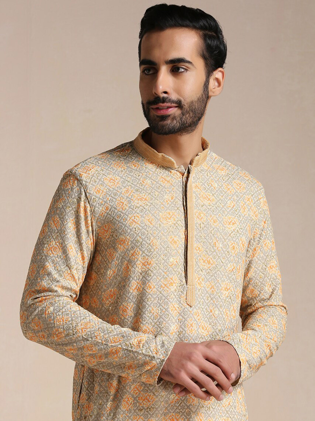 Manyavar Men Green Printed Full Sleeves Kurta With Churidar