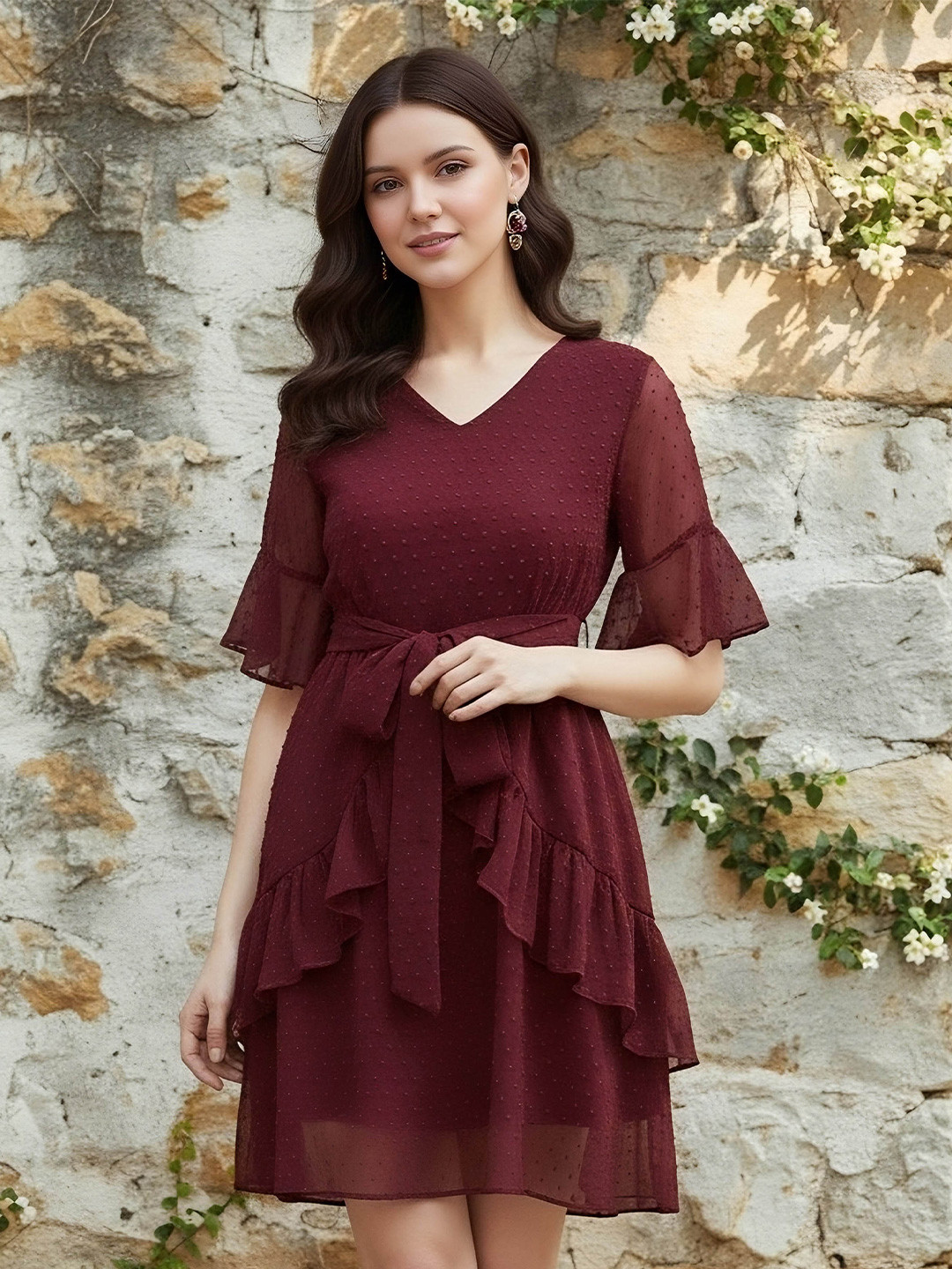 Berrylush Maroon Self Design A-Line Dress