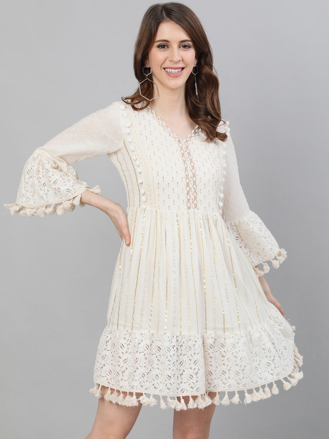 Ishin Off White Ethnic Motifs A-Line Dress