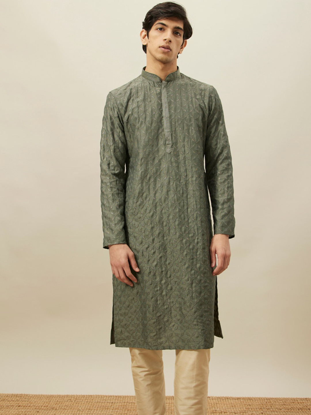 Manyavar Ethnic Motif Woven Design Thread Work Mandarin Collar Kurta With Pyjamas