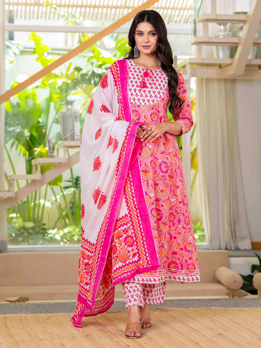 Pistaa Women Pink Floral Printed Pure Cotton Kurta with Trouser & Dupatta