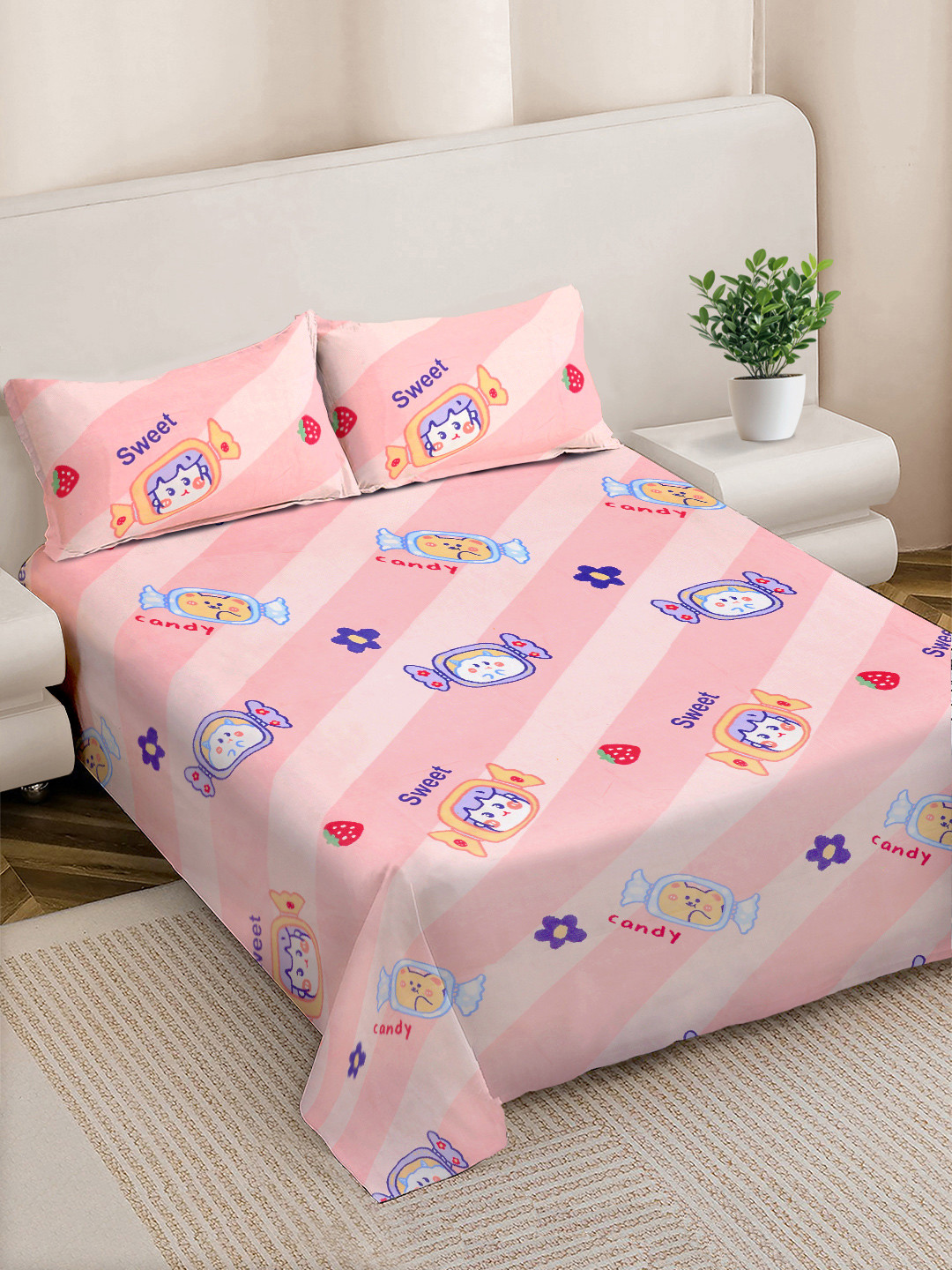 FABINALIV Pink Cartoon Print Polycotton 300 TC King Fine Bedsheet with 2 Pillow Covers