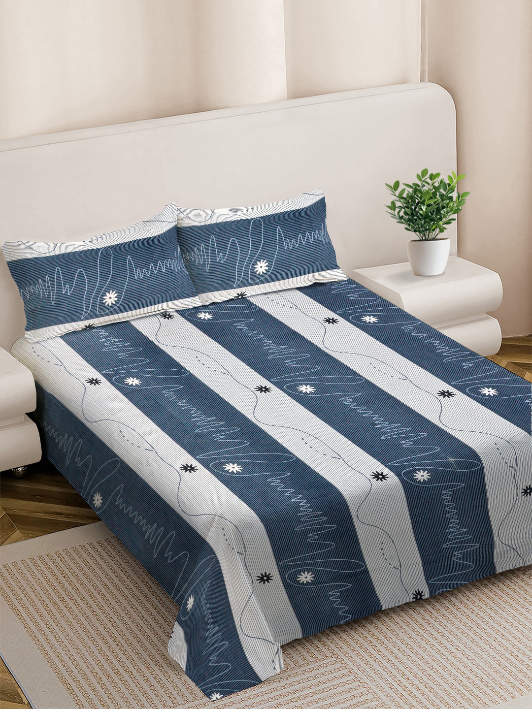 FABINALIV Blue Striped Polycotton 300 TC King Fine Bedsheet with 2 Pillow Covers-98 x 89 inches