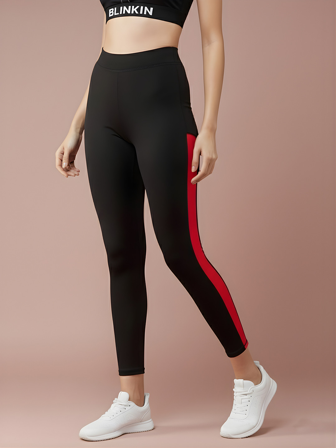 Blinkin Women Black & Red Solid High-Rise Tights with Side Taping