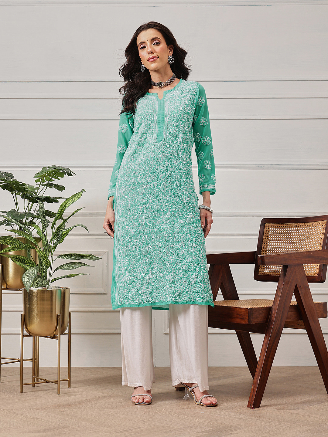 ADA Women Sea Green & White Floral Chikankari Embroidered Straight Sustainable Handloom Kurta
