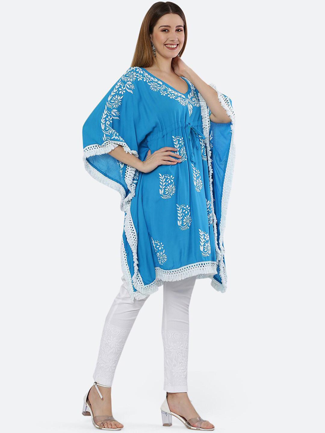FAWOMENT Flared Sleeves Ethnic Motifs Chikankari Printed Kaftan Kurta