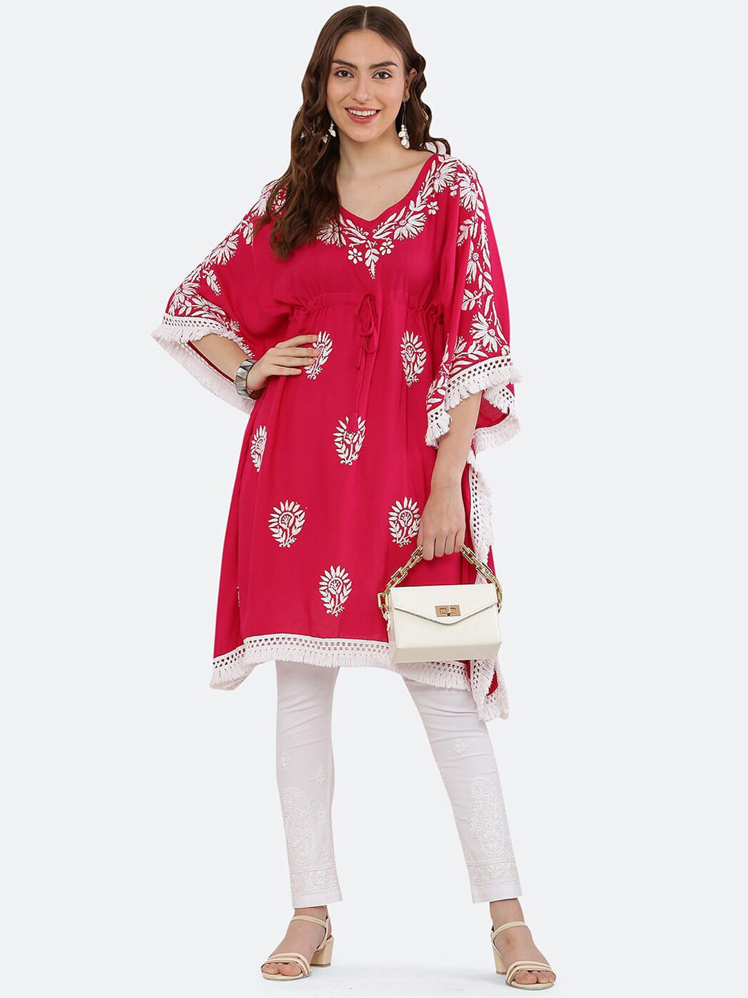 FAWOMENT Flared Sleeves Ethnic Motifs Chikankari Printed Kaftan Kurta